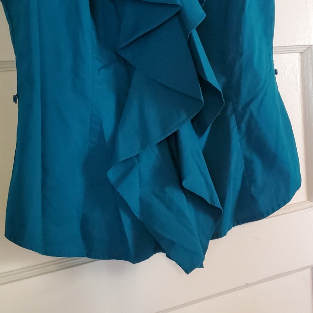 Peacock Blue Ruffle Button Down - Picture 3 of 3